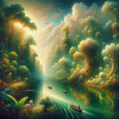 The primary subject of the image is a boat floating on a river, surrounded by lush green trees and a forest. The setting is a serene and natural environment, with the water reflecting the trees and creating a peaceful atmosphere. The visual style is a painting, which adds a sense of artistic expression and depth to the scene. The dominant colors are green, blue, and white, which contribute to the overall mood of tranquility and harmony with nature.